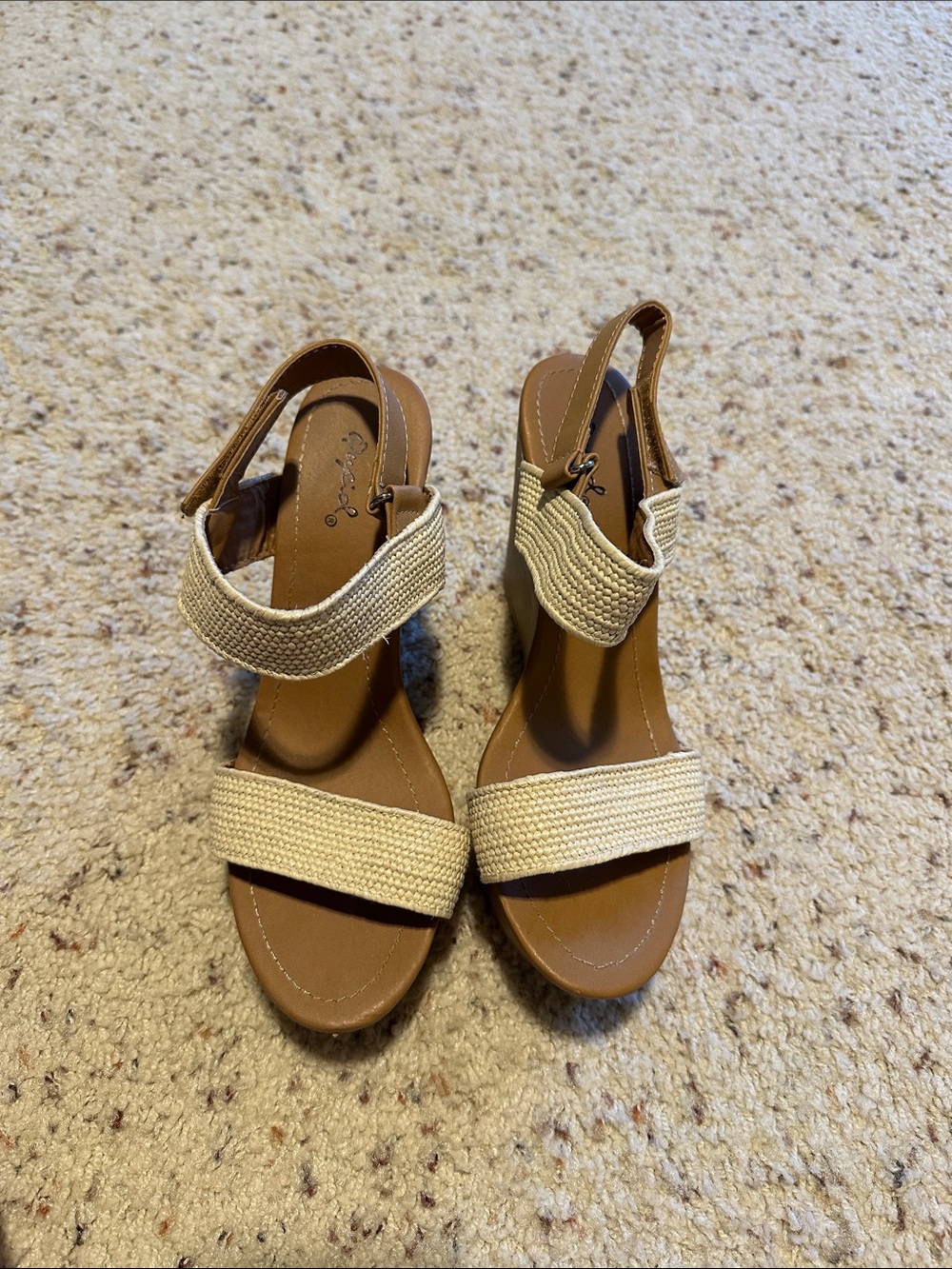 Qupid Tan Footbed Wedge Sandals with Cream Woven Straps